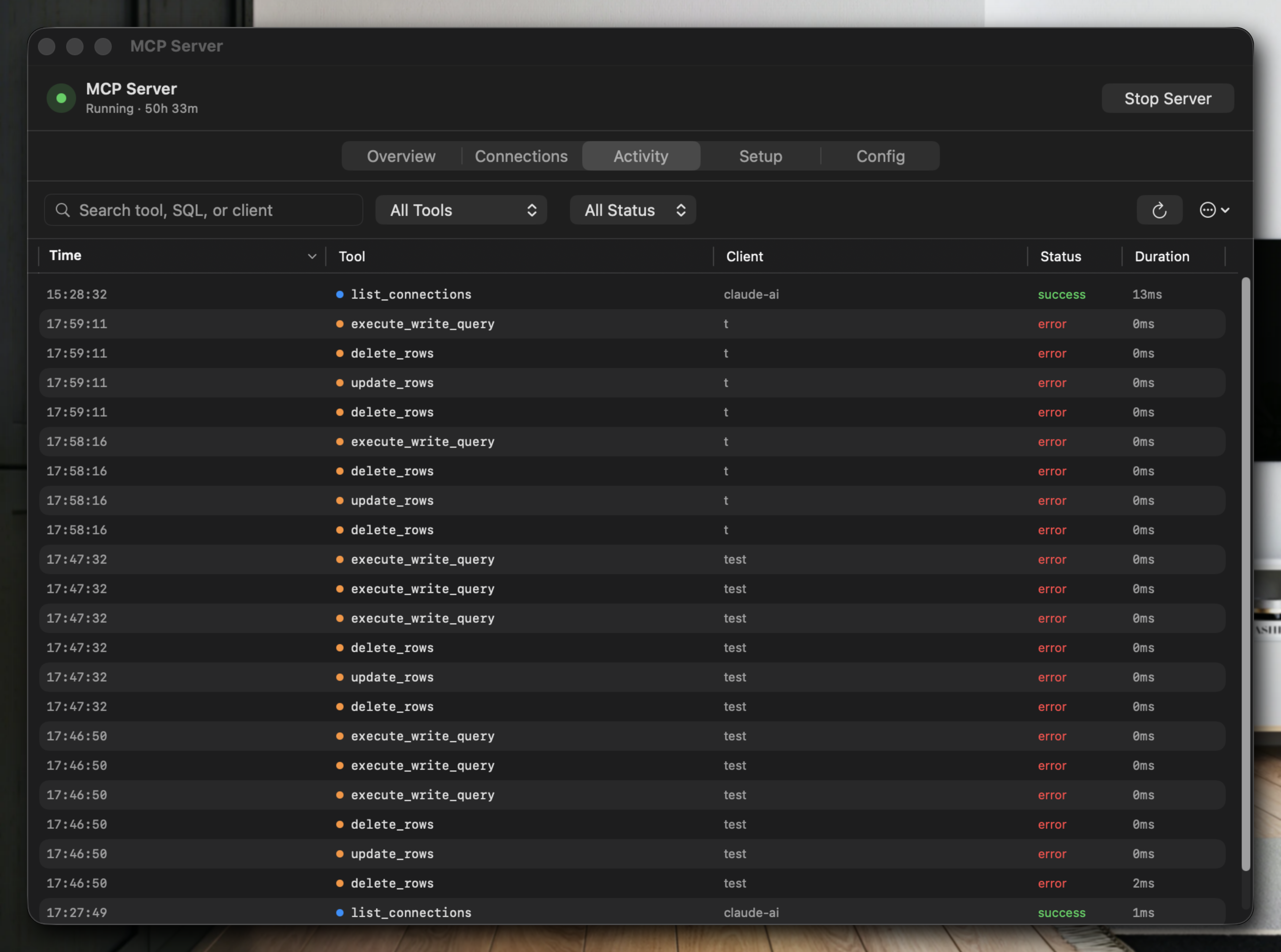 Gridex MCP activity log — audit trail of every tool call by AI agents
